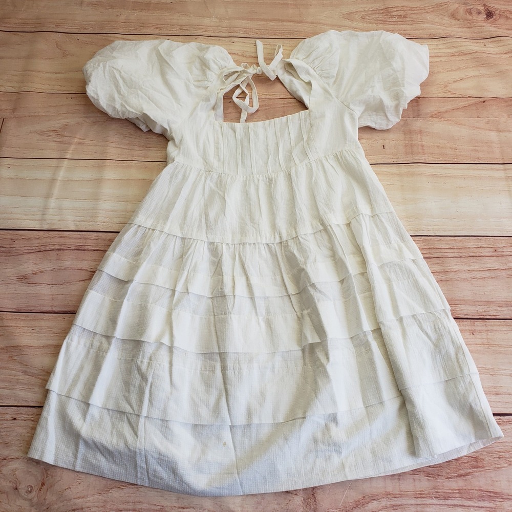 Anthropologie Tiered Puff Sleeve Mini Dress Womens XS White Boho Smocked Ladies